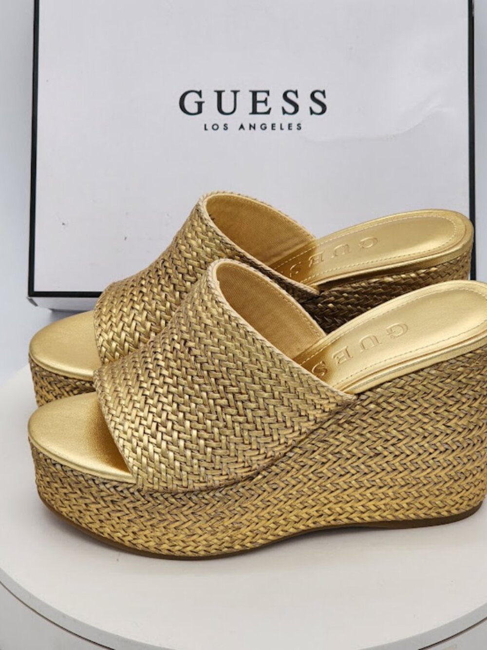 GUESS Yenisa Gold Woven Platform Wedge Slide Sandals Women's Size 7 M - Picture 5 of 9